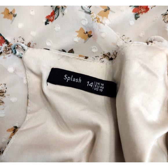 SPLASH Floral Dots Sheer Long Sleeves Ruffle Dress Ivory Green Orange Lined 14 - Picture 14 of 15